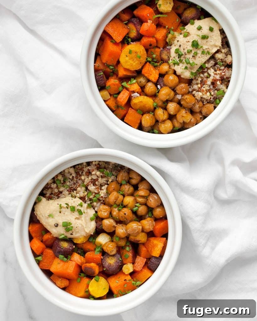 Vibrant Roasted Veggie Hummus Quinoa Power Bowls 3 Roasted Vegetable Hummus Bowls with Crispy Chickpeas
