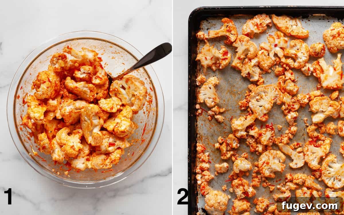 Zesty Harissa Roasted Cauliflower Couscous 4 Cauliflower being stirred into harissa marinade in a bowl, and then spread in a single layer on a baking pan, ready for roasting.