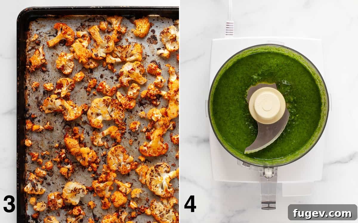 Zesty Harissa Roasted Cauliflower Couscous 5 Perfectly roasted cauliflower on a sheet pan, alongside the bright green herb oil pureed in a food processor bowl.