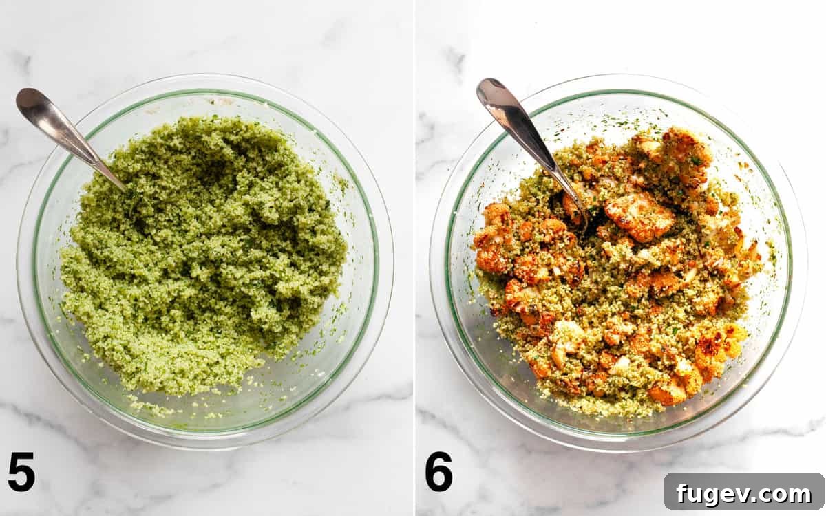 Zesty Harissa Roasted Cauliflower Couscous 6 Herb oil being stirred into fluffy couscous, and then the roasted cauliflower being folded into the seasoned couscous.