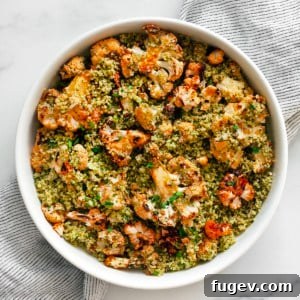 Harissa roasted cauliflower couscous in a bowl.