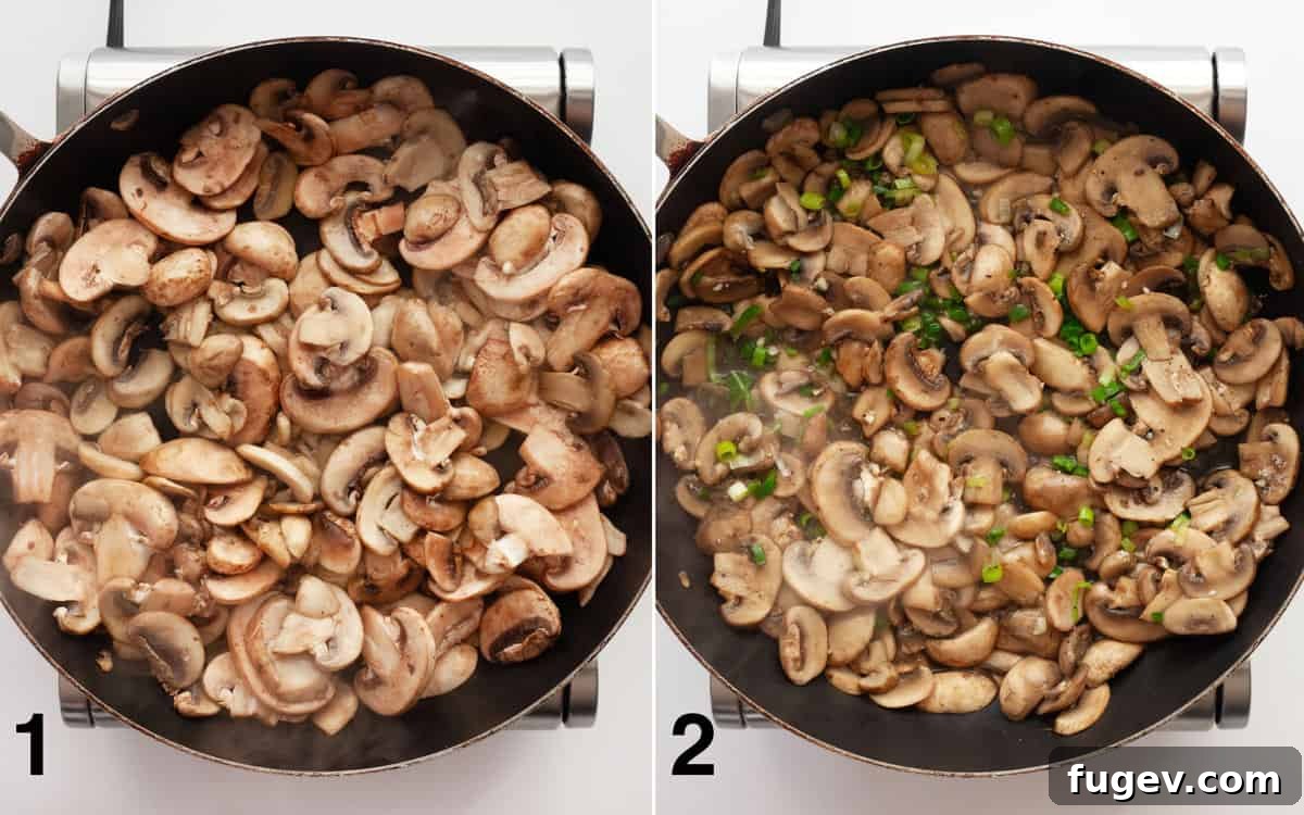 Golden Baked Mushroom Quesadillas 4 A visual guide showing two stages: First, mushrooms sautéing in a hot skillet until browned. Second, minced jalapeños, garlic, and scallions added and stirred into the sautéed mushrooms.