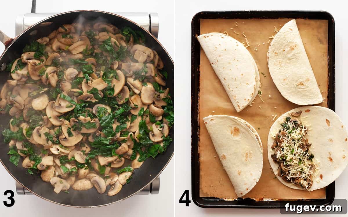 Golden Baked Mushroom Quesadillas 5 Another visual guide: First, kale leaves being stirred into the sautéed mushroom mixture. Second, neatly assembled quesadillas arranged on a parchment-lined sheet pan, ready for oven baking.