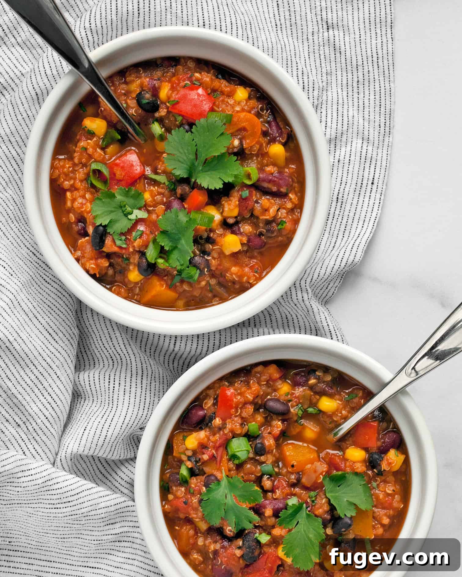 Savory Quinoa Chili with Rich Beans and Golden Corn 2 Two bowls of quinoa chili topped with fresh cilantro and vibrant scallions, ready to be enjoyed.