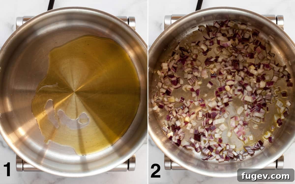 Savory Quinoa Chili with Rich Beans and Golden Corn 4 Olive oil shimmers in a large pot, with red onions beginning to soften as they sauté.