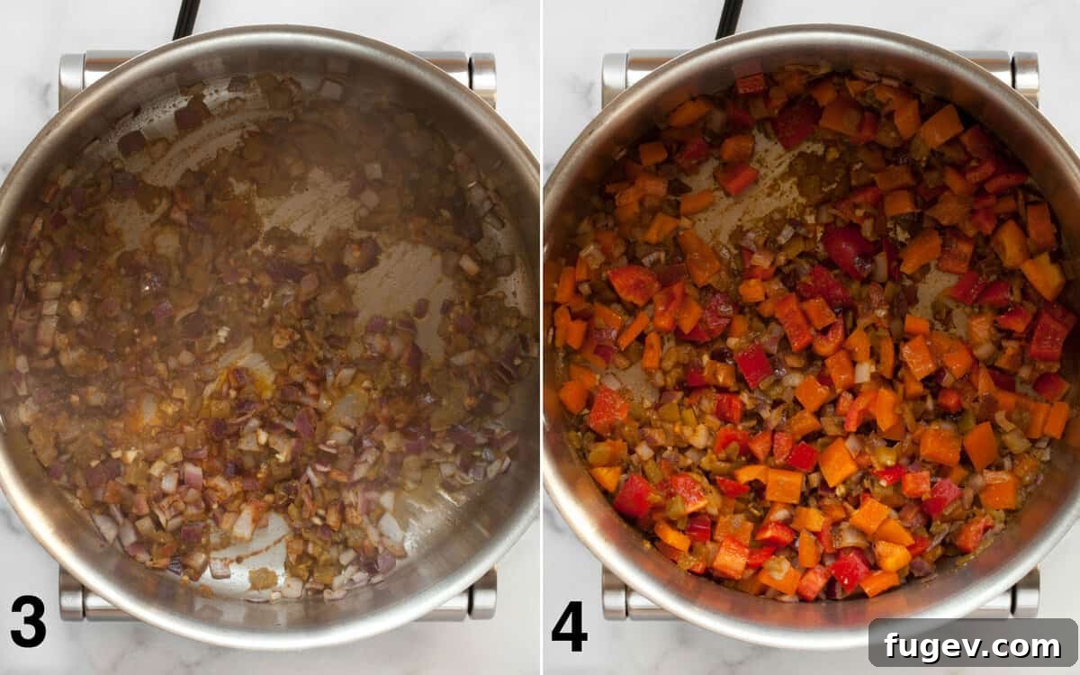Savory Quinoa Chili with Rich Beans and Golden Corn 5 Diced green chilies, garlic, and aromatic spices are stirred into the sautéed onions, followed by colorful bell peppers.