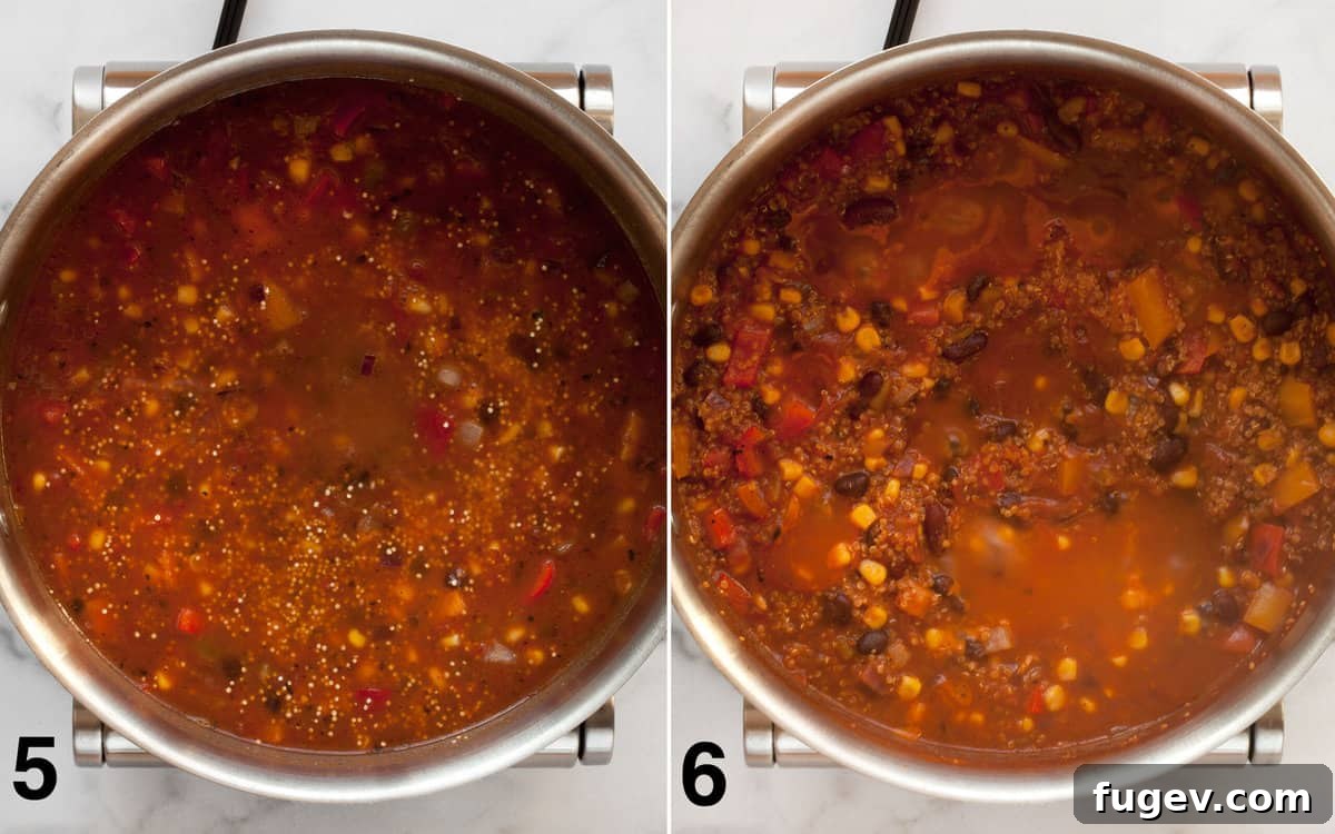 Savory Quinoa Chili with Rich Beans and Golden Corn 6 A large pot brimming with beans, corn, quinoa, tomatoes, and broth, simmering to a thick, rich consistency.