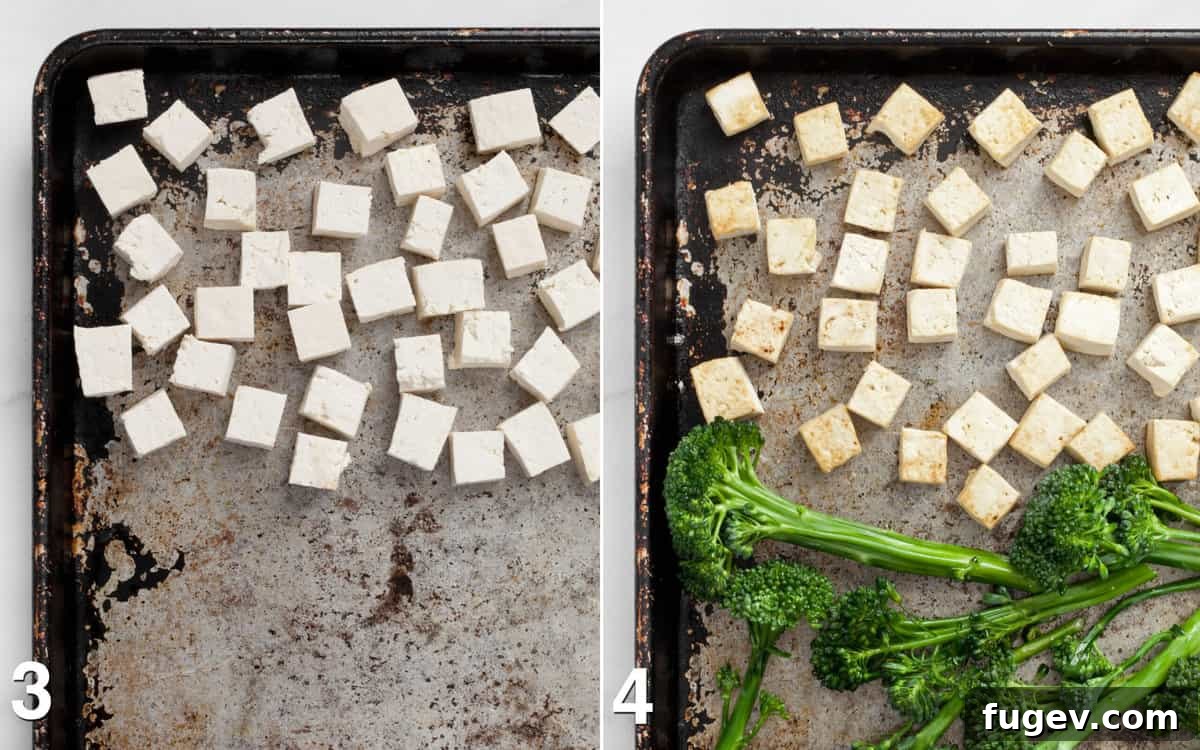 Glazed Teriyaki Tofu & Broccolini Sheet Pan Meal 5 Cubed tofu on a sheet pan. Cubed tofu with raw broccolini on a pan.