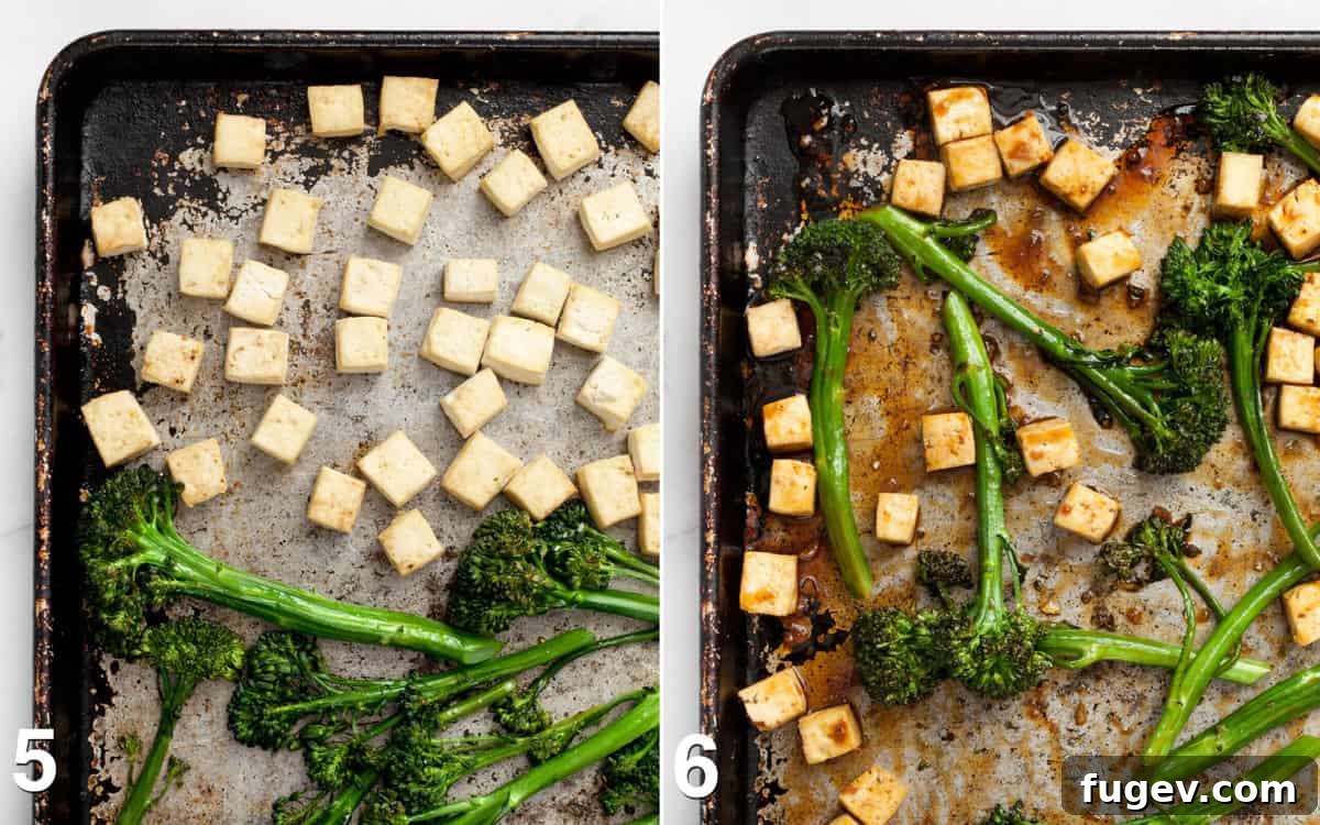Glazed Teriyaki Tofu & Broccolini Sheet Pan Meal 6 Baked tofu and broccolini on a pan. Sauce tossed with tofu and broccolini.