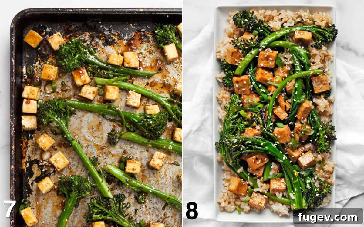 Glazed Teriyaki Tofu & Broccolini Sheet Pan Meal 7 Scallions and sesame seeds sprinkled on tofu and broccolini. Roasted tofu and broccolini plated with rice.