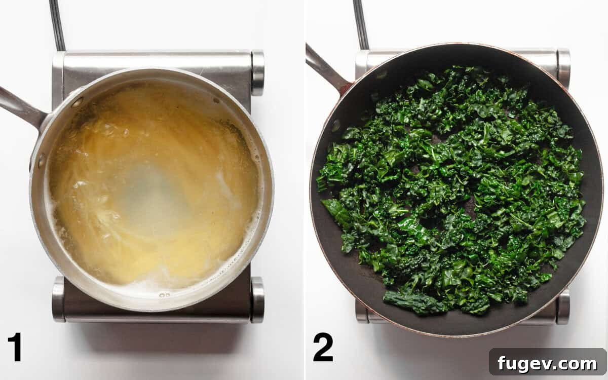 Zesty Lemon Pepper Pasta 4 Two images side by side. On the left, spaghetti cooks in a large pot. On the right, kale wilts in a skillet with olive oil.