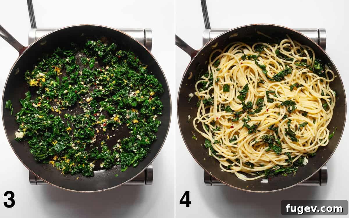 Zesty Lemon Pepper Pasta 5 Two images side by side. On the left, lemon zest, garlic, and spices are stirred into sautéed kale. On the right, cooked spaghetti is added to the skillet with the kale mixture and tossed.