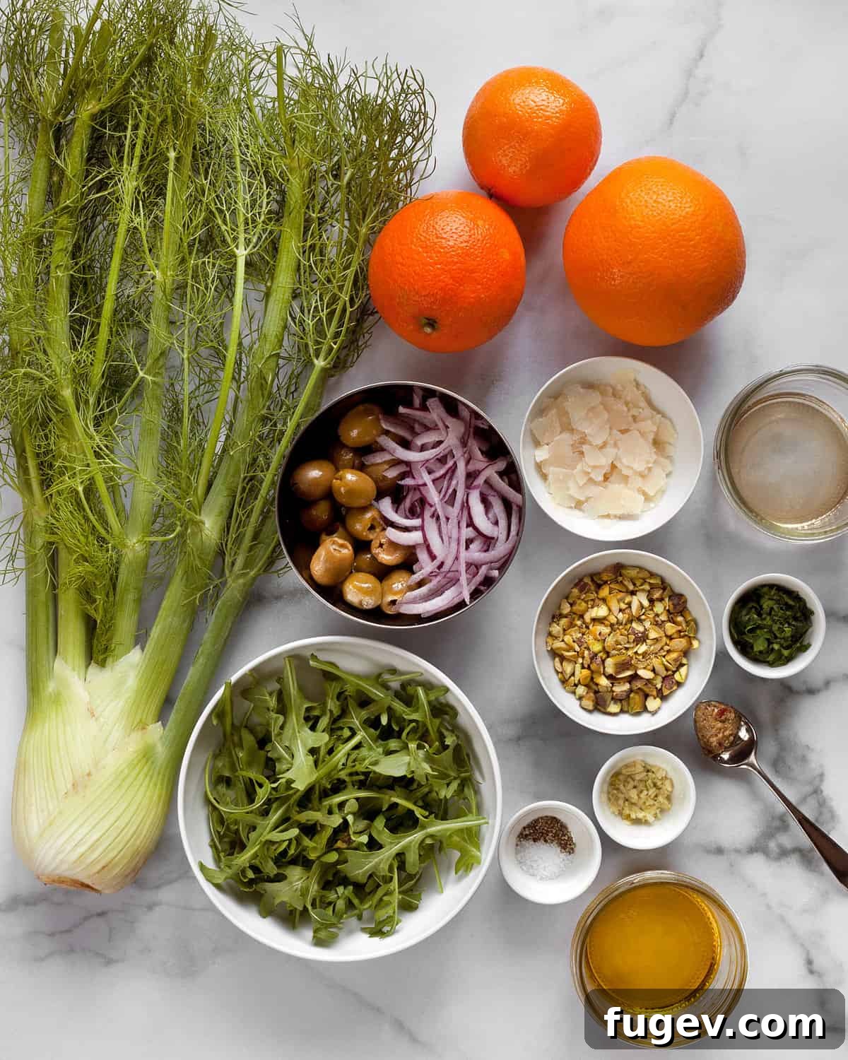 Refreshing Fennel Orange Salad 3 Fresh ingredients for the fennel orange salad laid out, including a fennel bulb, various oranges, green olives, red onion, pistachios, and components for the vinaigrette.