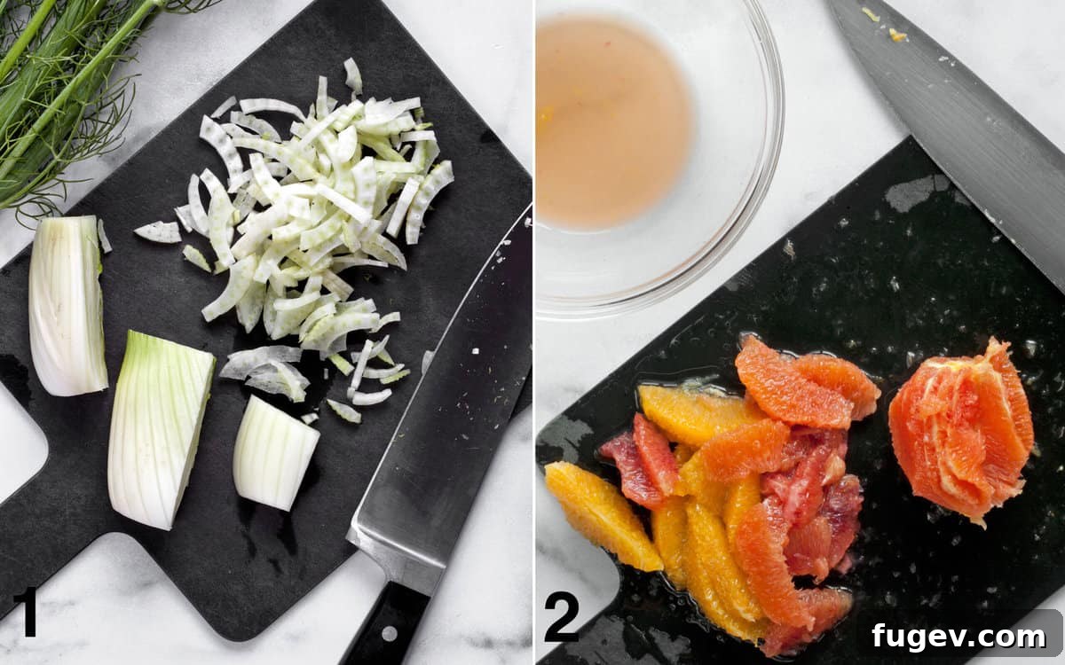 Refreshing Fennel Orange Salad 4 Fennel thinly sliced on a cutting board, alongside segmented oranges with their collected juices in a small bowl.