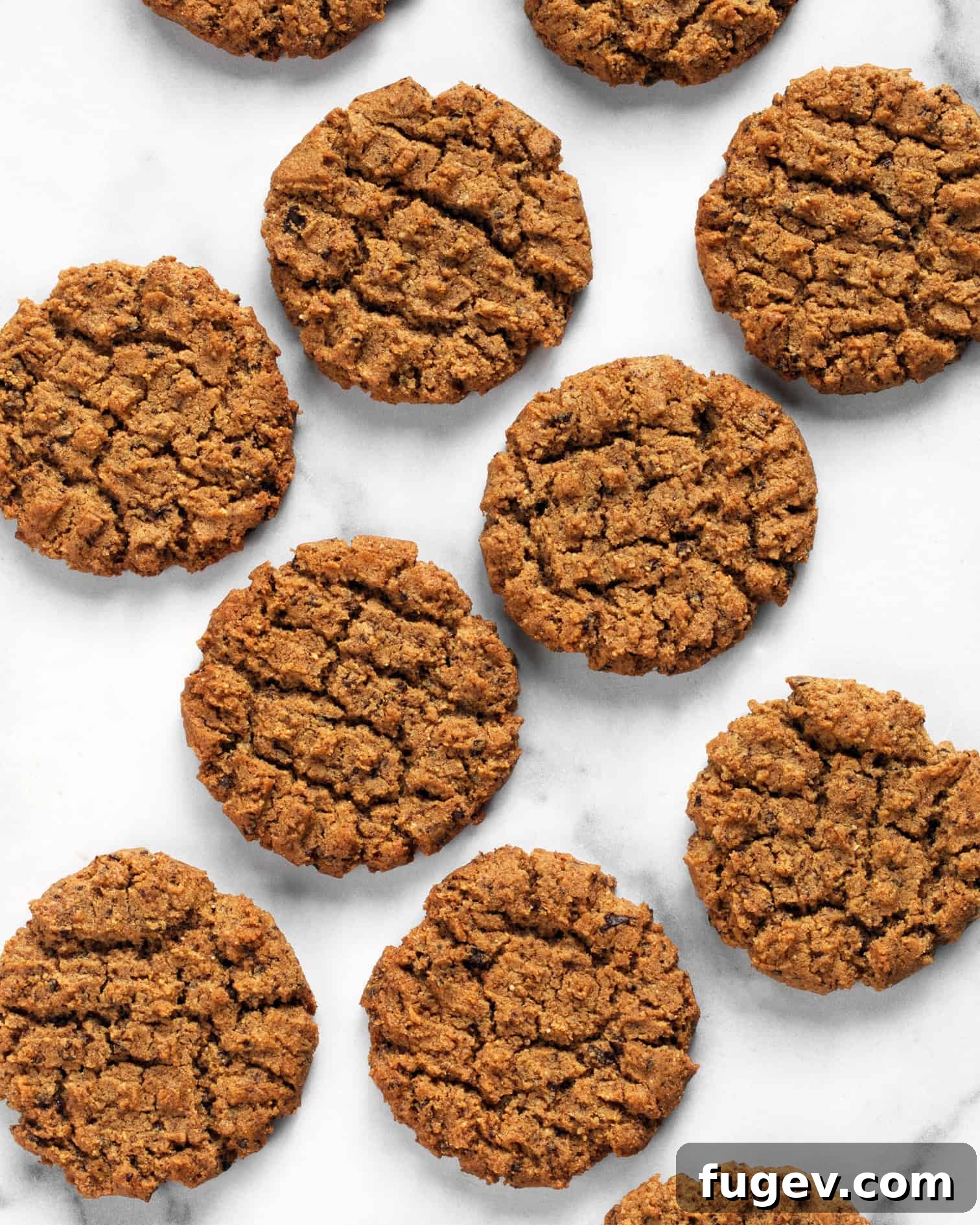 Decadent Peanut Butter Chocolate Chews 4 Three freshly baked flourless peanut butter chocolate cookies, with their signature crosshatch pattern, arranged invitingly on a white surface.