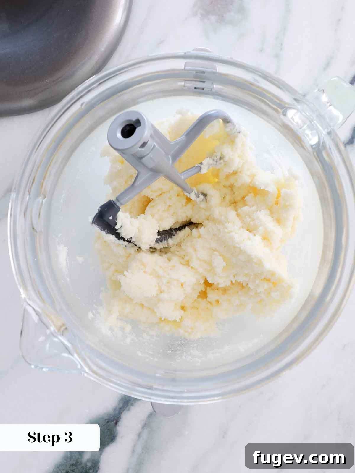 Stars Stripes and Sweetness 5 Creamed butter and sugar in a stand mixer bowl, light and fluffy, ready for the next steps of the moist vanilla cake recipe.