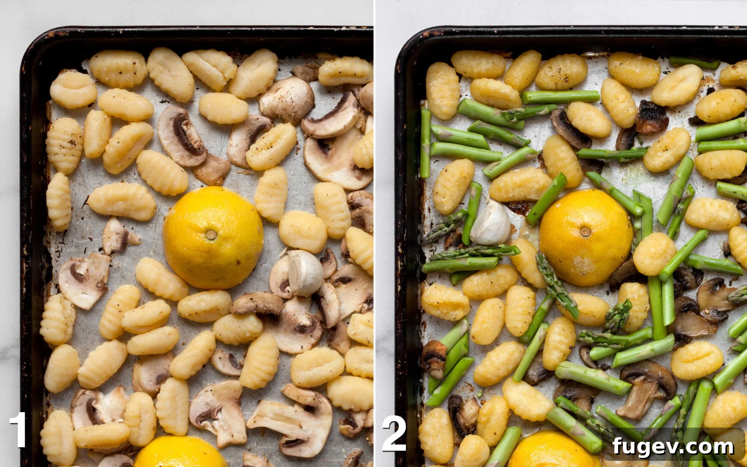 Garden Gnocchi Sheet Pan Feast 4 A sheet pan with uncooked gnocchi, sliced mushrooms, whole garlic cloves, and lemon halves before roasting, and a separate image of asparagus being added to the partially roasted gnocchi and mushrooms.