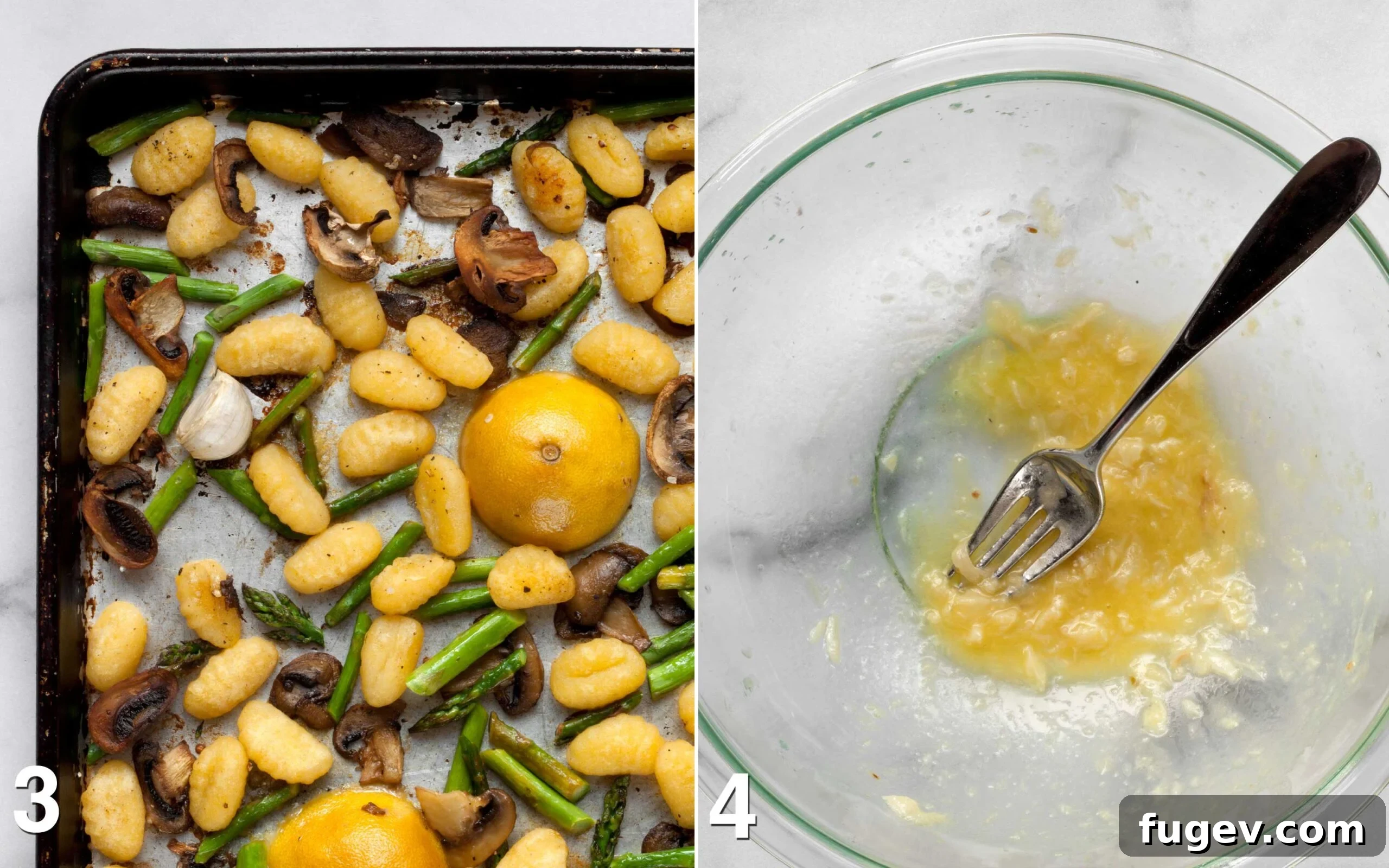 Garden Gnocchi Sheet Pan Feast 5 A sheet pan with freshly roasted gnocchi, mushrooms, and asparagus, alongside a separate bowl containing the mashed roasted garlic, lemon juice, and olive oil mixture.