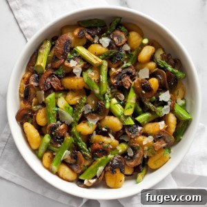 Roasted asparagus mushroom gnocchi in a bowl
