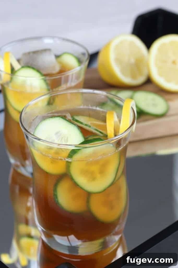 Garden Fresh Pimm's Cooler 5 Close-up of a Pimm's Cup with cucumber slices