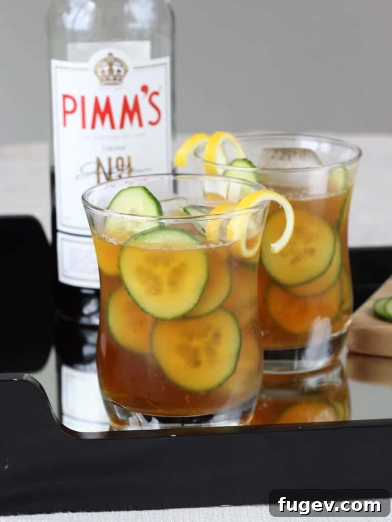 Garden Fresh Pimm's Cooler 6 Two Pimm's Cups with lemon twists and cucumber garnishes