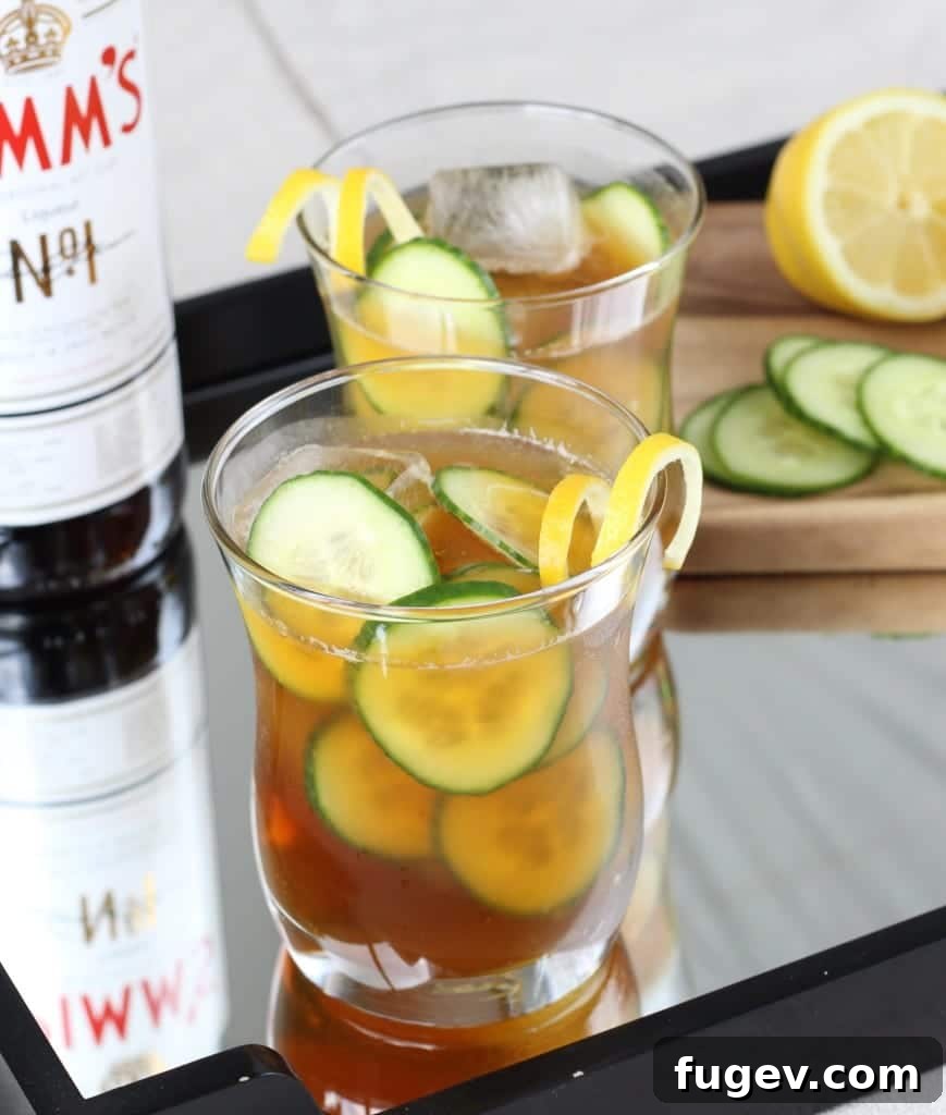 Garden Fresh Pimm's Cooler 7 Pimm's Cup cocktail with vibrant garnishes