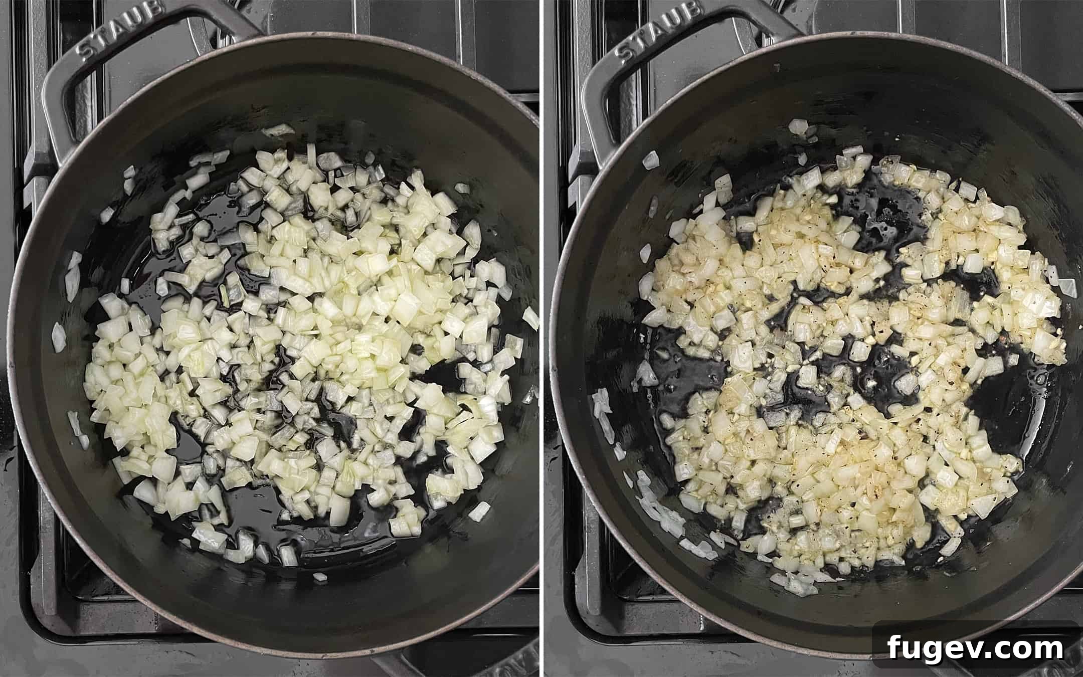Hearty Tomato Farro Bake 4 Step-by-step imagery showing the initial stages of preparing baked farro risotto: sautéing onions in a Dutch oven, then stirring in garlic and spices.