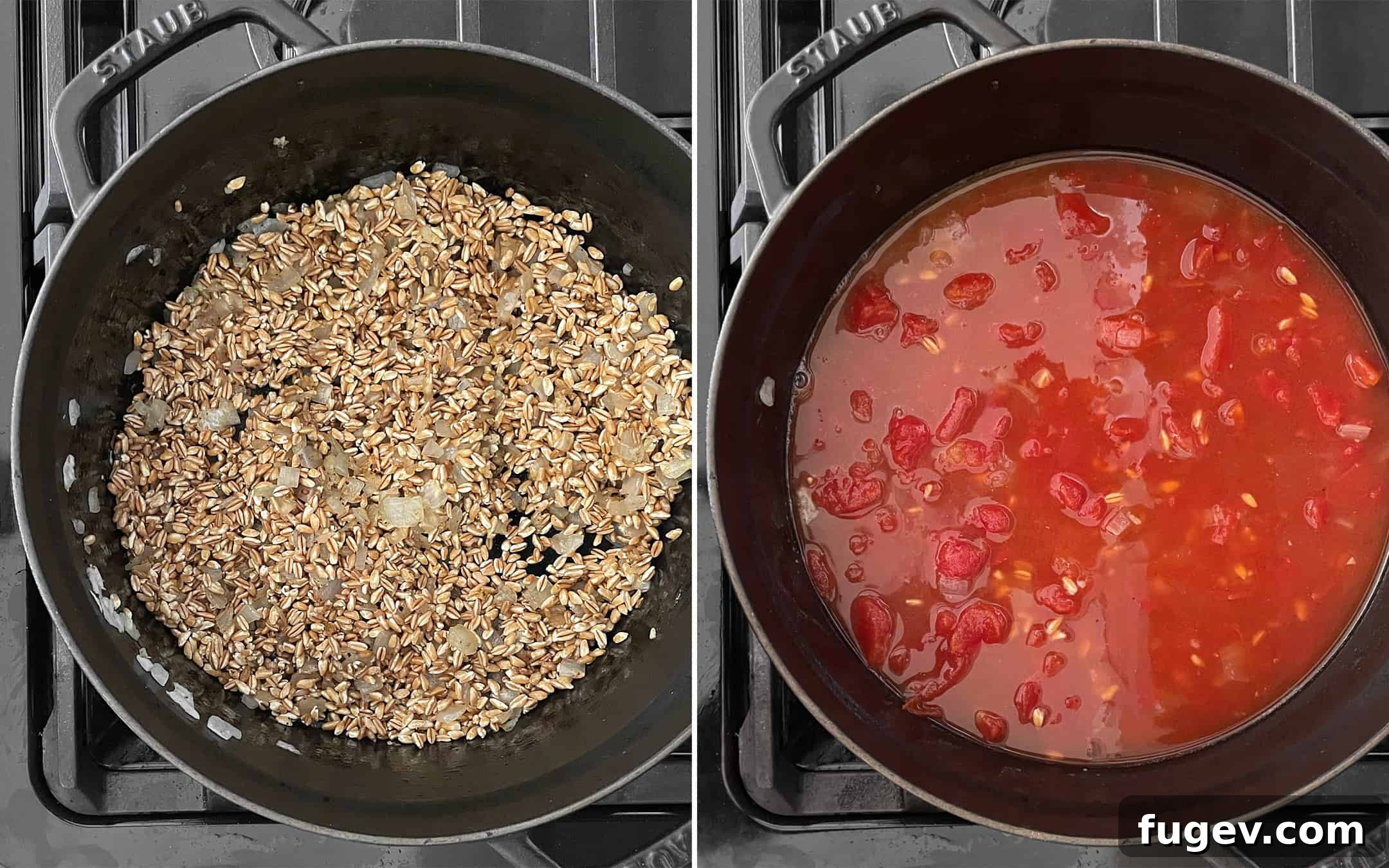 Hearty Tomato Farro Bake 5 Progression photos for baked farro risotto: stirring in the farro, followed by pouring canned tomatoes and vegetable broth into the pot before baking.