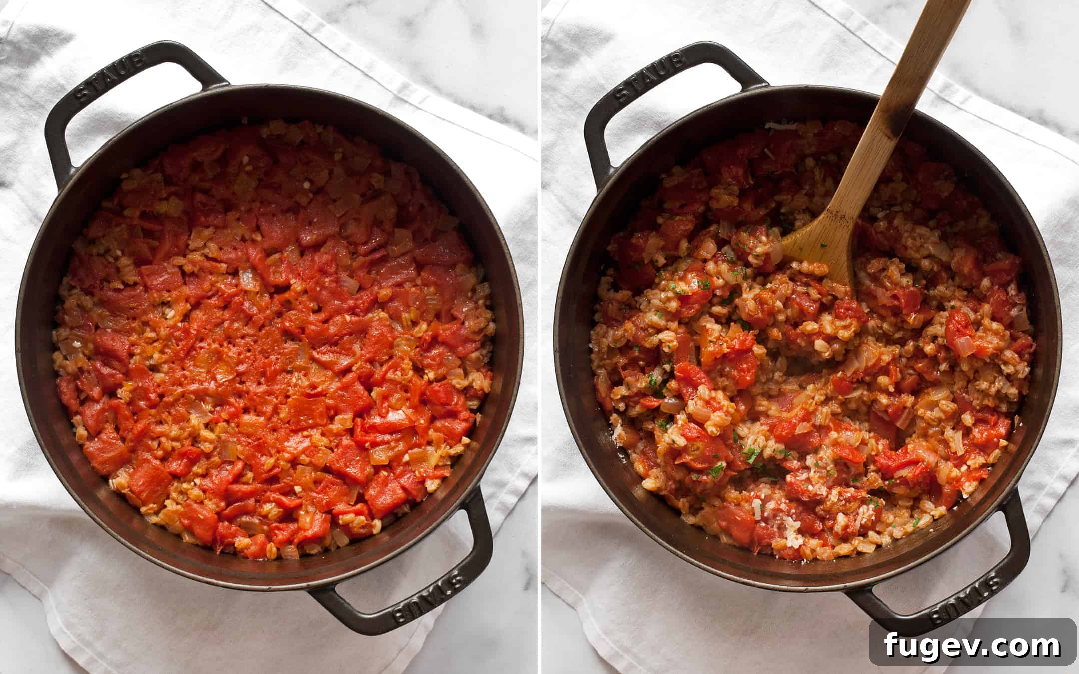 Hearty Tomato Farro Bake 6 The finished baked farro risotto in a pot, demonstrating its creamy texture, and then a close-up of the dish with Parmesan cheese generously stirred in and ready to be served.