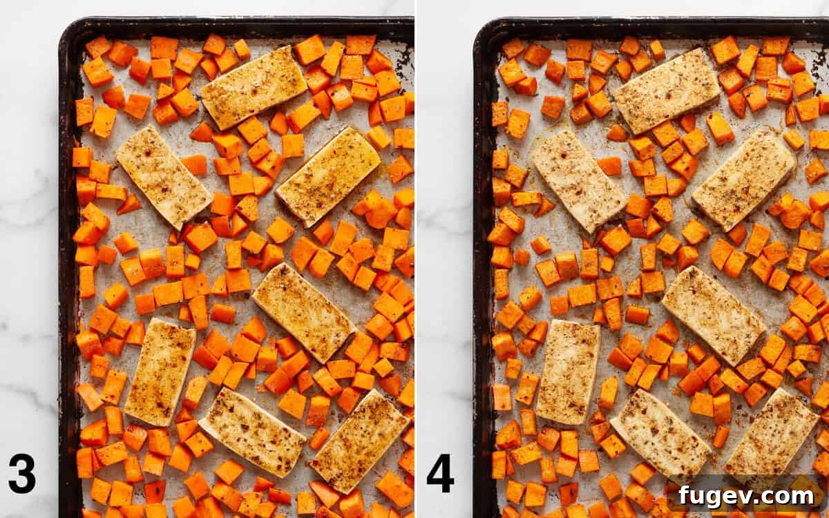 Hearty Sheet Pan Tofu Sweet Potato Black Bean Dinner 5 Before and after images showing tofu and sweet potatoes roasting on a sheet pan, with the 'after' showing golden-brown and tender results.