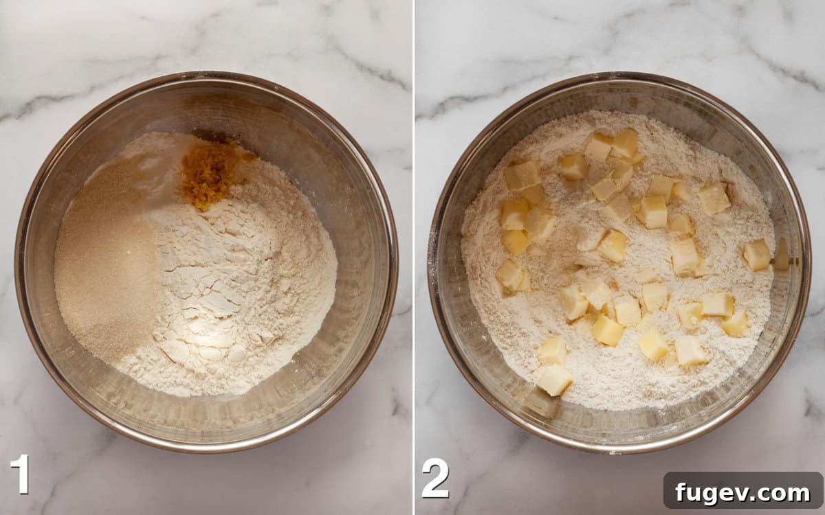 Sunshine Lemon Scones 4 Two images: bowl of dry scone ingredients and close-up of butter cut into flour mixture