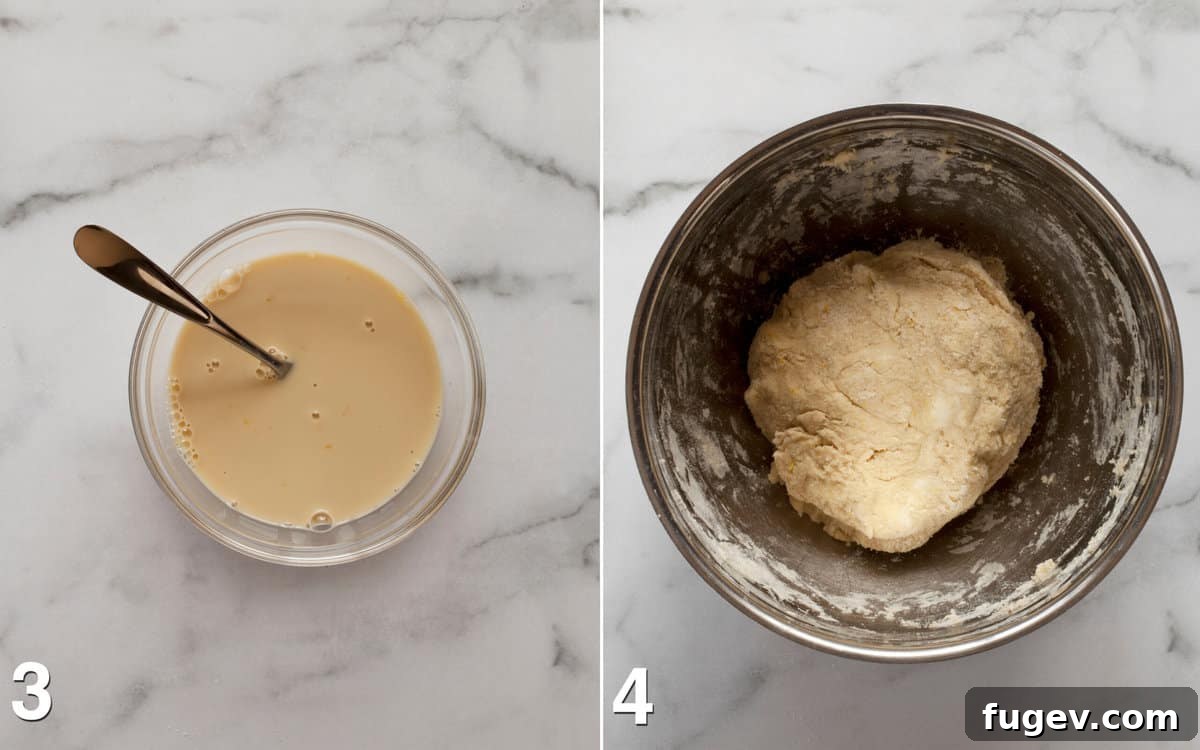 Sunshine Lemon Scones 5 Two images: wet ingredients in a bowl and shaggy scone dough in a mixing bowl