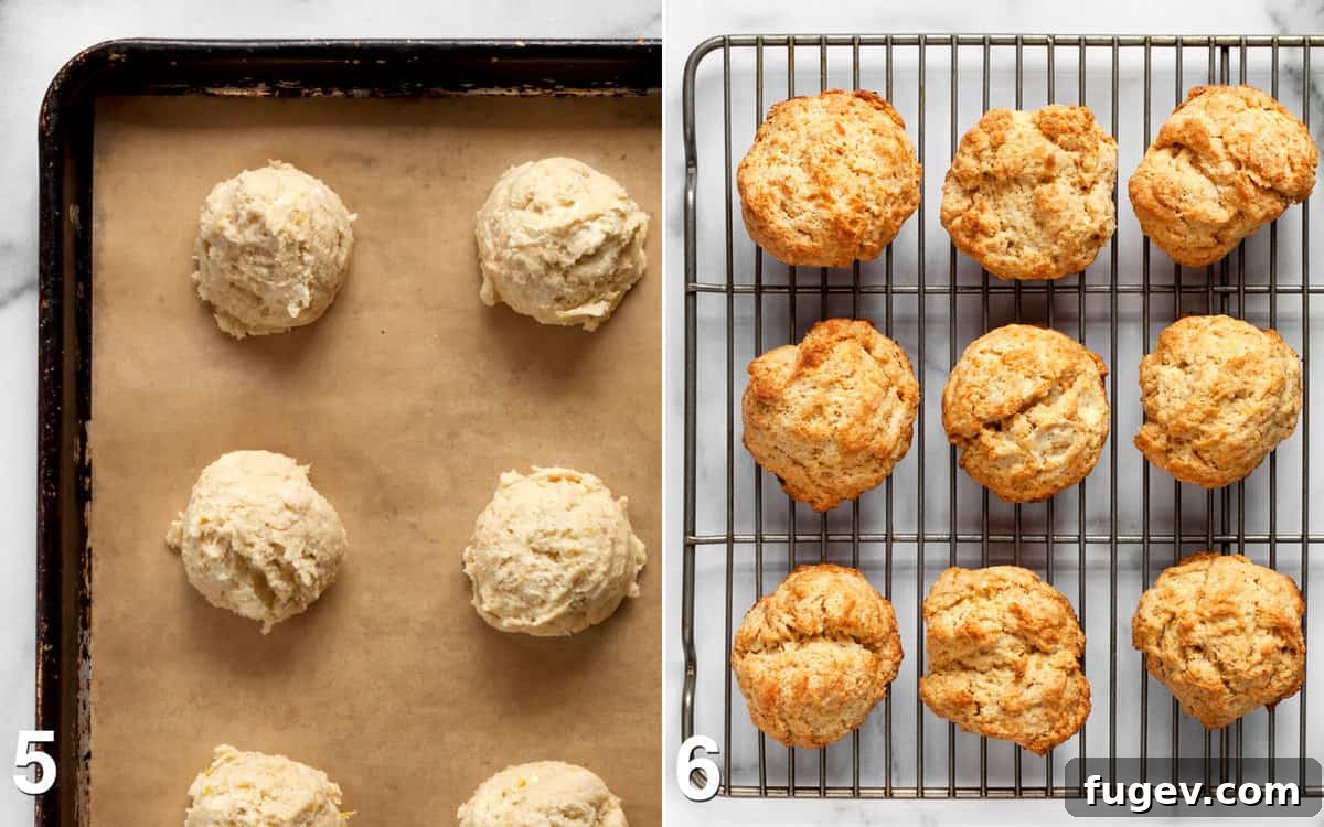 Sunshine Lemon Scones 6 Two images: unbaked scone dough on a baking sheet and baked scones cooling on a wire rack