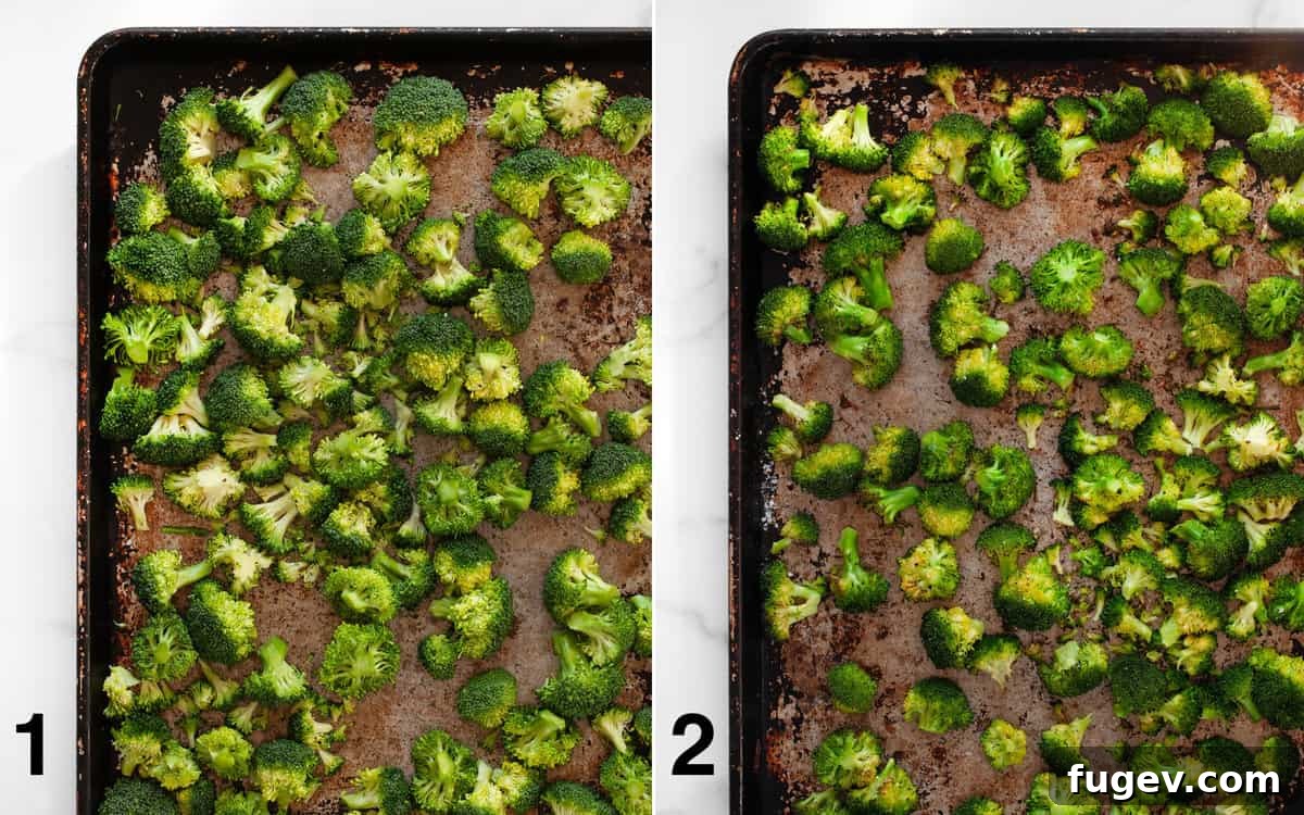 Golden Roasted Broccoli Orzo 4 Broccoli florets on a sheet pan before and after being roasted to perfection.