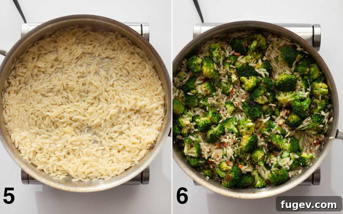 Golden Roasted Broccoli Orzo 6 Orzo stirred into a skillet, with roasted broccoli and all other ingredients being folded in.