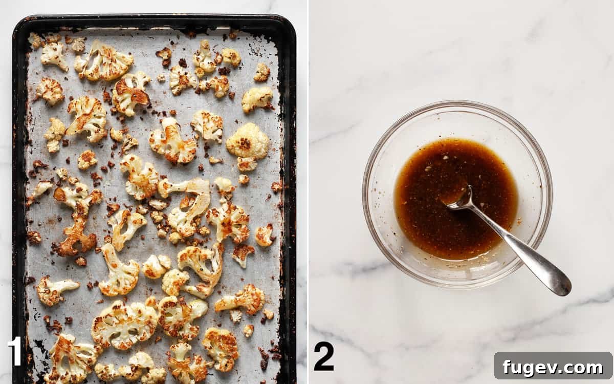 Caramelized Cauliflower Salad 5 One image shows roasted cauliflower florets spread in a single layer on a baking sheet. The second image shows a small bowl of creamy balsamic vinaigrette next to a whisk.