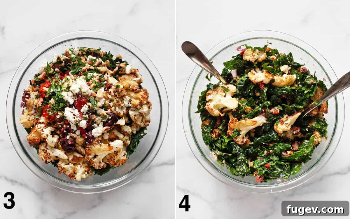 Caramelized Cauliflower Salad 6 Two images: top shows salad ingredients in a large bowl. Bottom shows the balsamic dressing drizzled over the salad, being tossed with tongs.