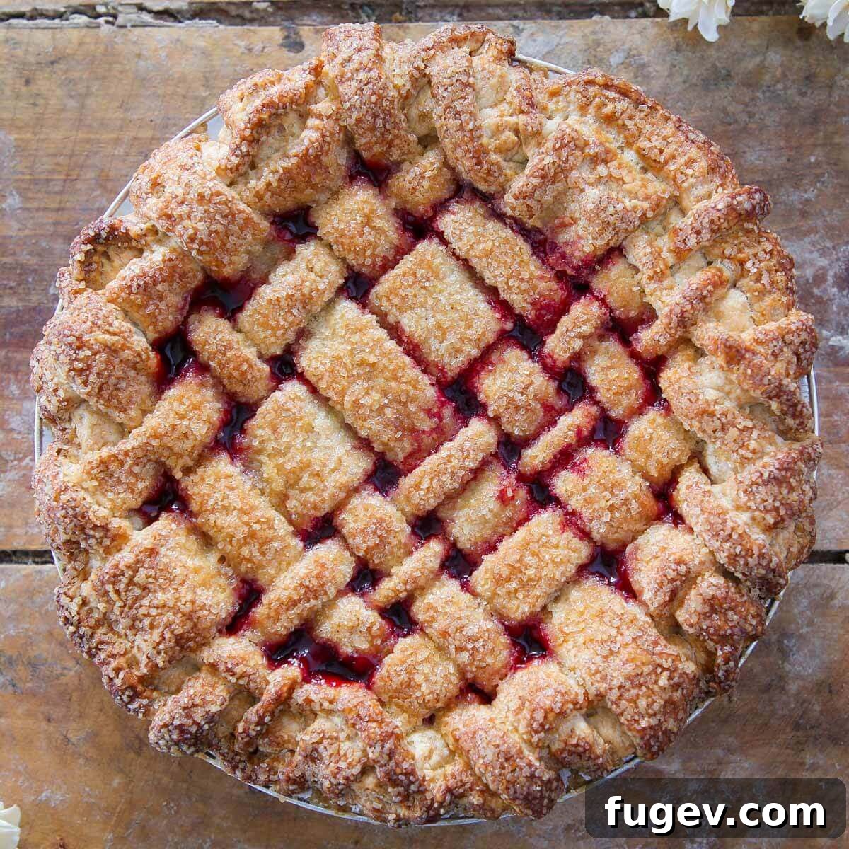 Crimson Delight 9 A beautifully latticed cherry pie, unsliced, showcasing a traditional and elegant crust design.
