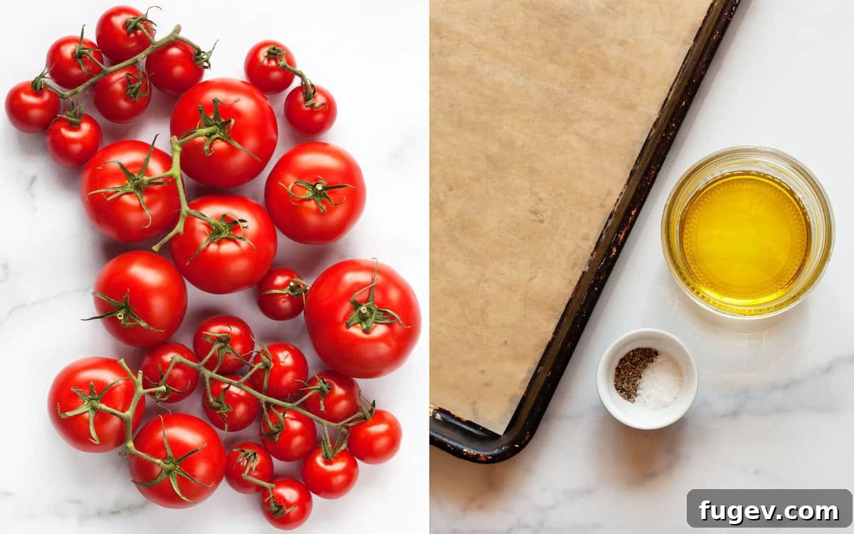 Sun-Kissed Oven Roasted Tomatoes 3 Ingredients and equipment for recipe including assorted tomatoes, olive oil, salt, pepper and a lined sheet pan.