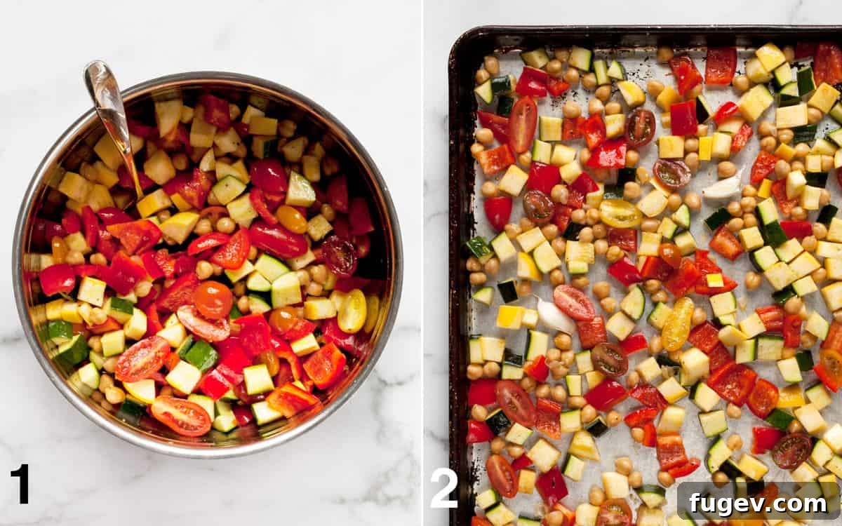 Mediterranean Roasted Vegetable & Chickpea Pasta 4 Preparation stages: A bowl of seasoned mixed vegetables and chickpeas, followed by the colorful medley spread evenly on a sheet pan for roasting.