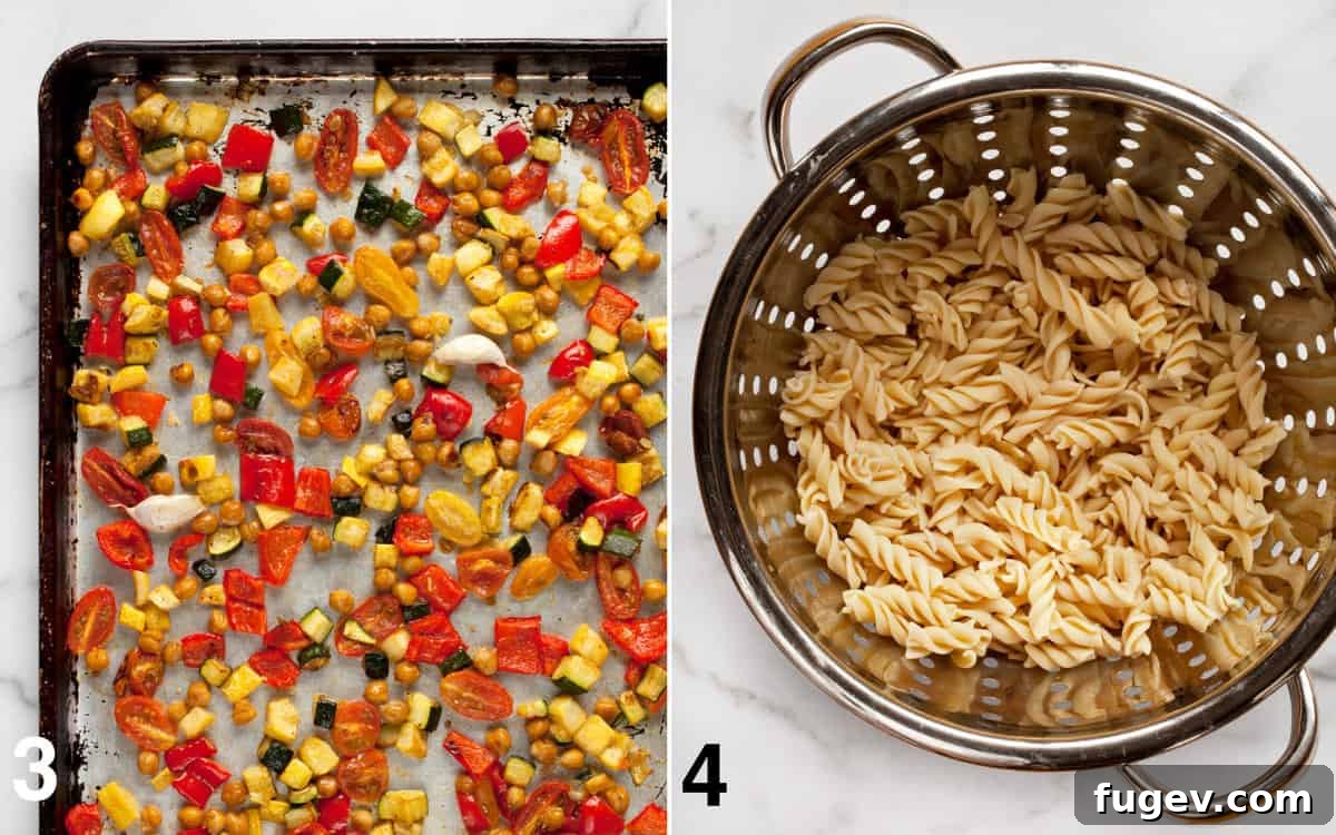 Mediterranean Roasted Vegetable & Chickpea Pasta 5 The cooking process: Roasted vegetables and crispy chickpeas on a sheet pan next to freshly rinsed chickpea pasta in a colander.