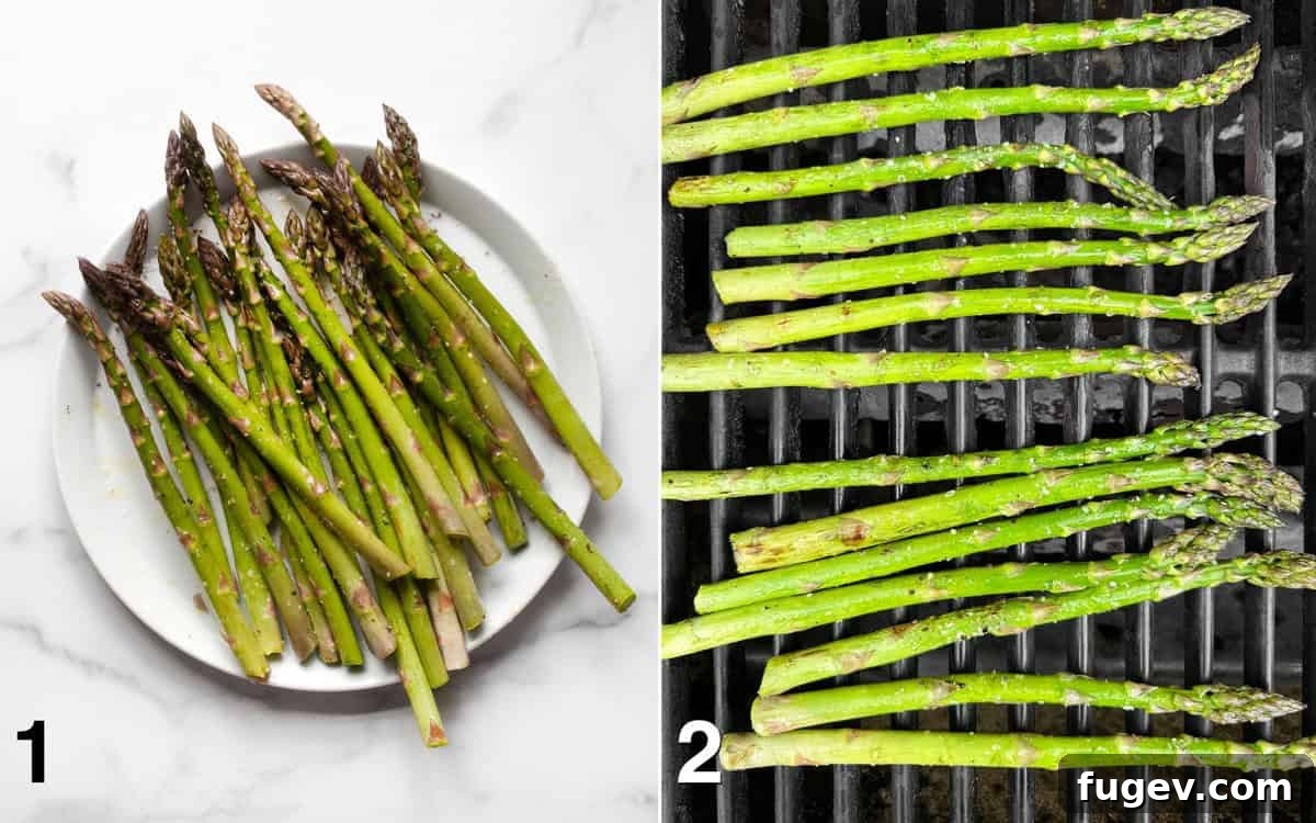Mediterranean Grilled Asparagus Medley 4 Asparagus spears seasoned with olive oil, salt, and pepper on a white plate, alongside asparagus grilling on a hot grill pan.
