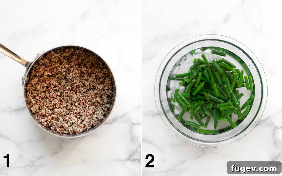 Green Bean Quinoa Bowl with White Beans and Toasted Almonds 4 Two images side by side: one showing perfectly cooked, fluffy quinoa in a saucepan, and the other displaying blanched green beans cooling in a bowl of ice water.