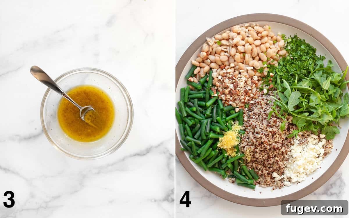 Green Bean Quinoa Bowl with White Beans and Toasted Almonds 5 Two images side by side: one showing a small bowl of freshly whisked lemon vinaigrette, and the other displaying a large mixing bowl filled with all the combined quinoa salad ingredients before dressing.