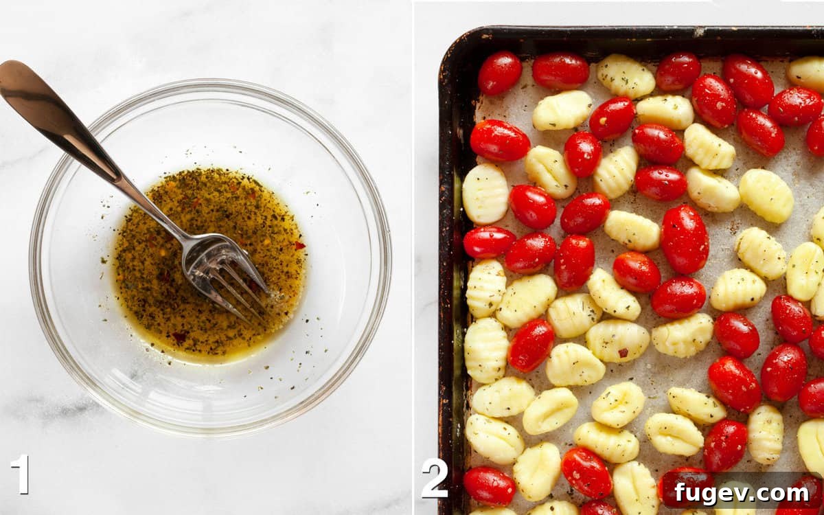 Crispy Gnocchi with Burst Cherry Tomatoes 4 A bowl of olive oil and spices mixed, next to a sheet pan with gnocchi and cherry tomatoes, perfectly tossed and ready for roasting.