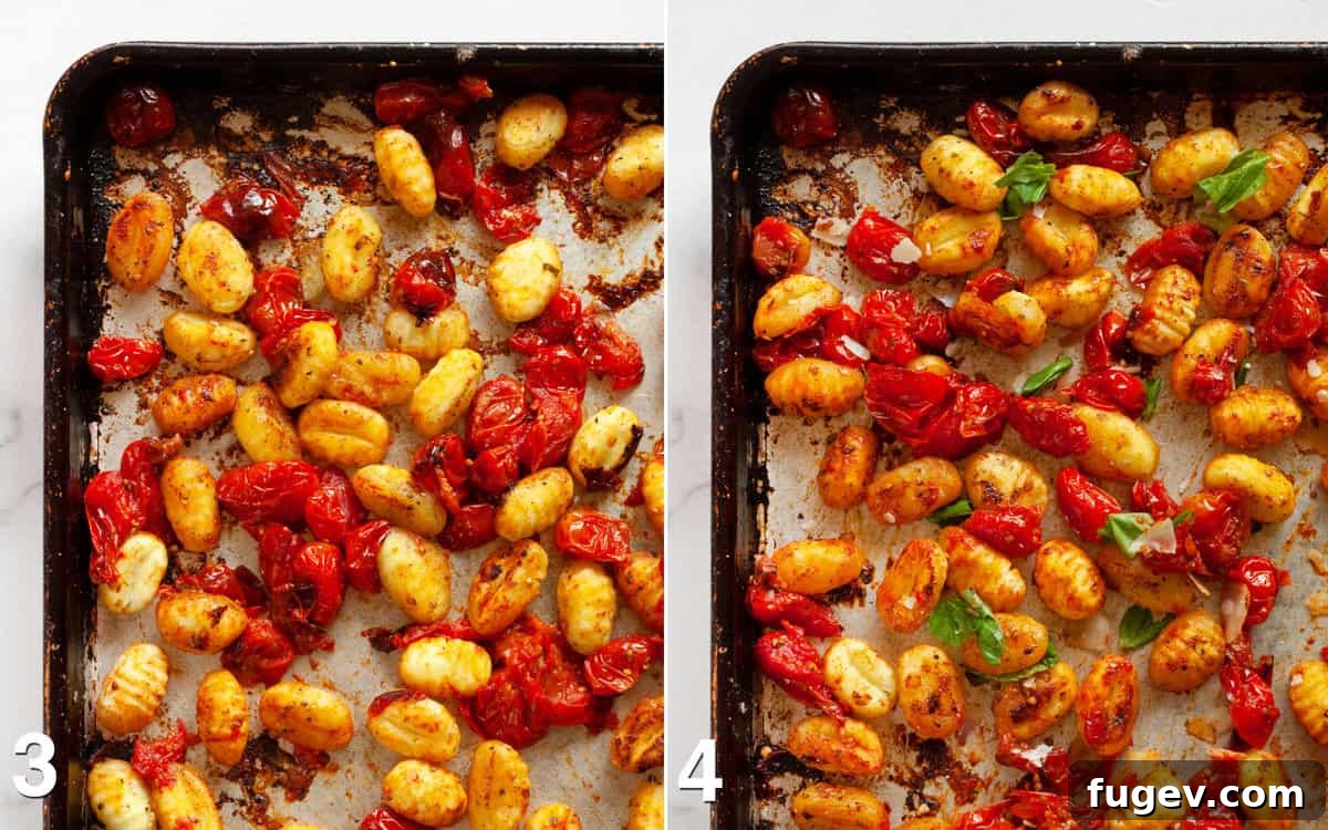Crispy Gnocchi with Burst Cherry Tomatoes 5 A before and after image on a sheet pan, showing roasted cherry tomatoes and gnocchi, first plain, then beautifully adorned with fresh basil and shaved Parmesan cheese.
