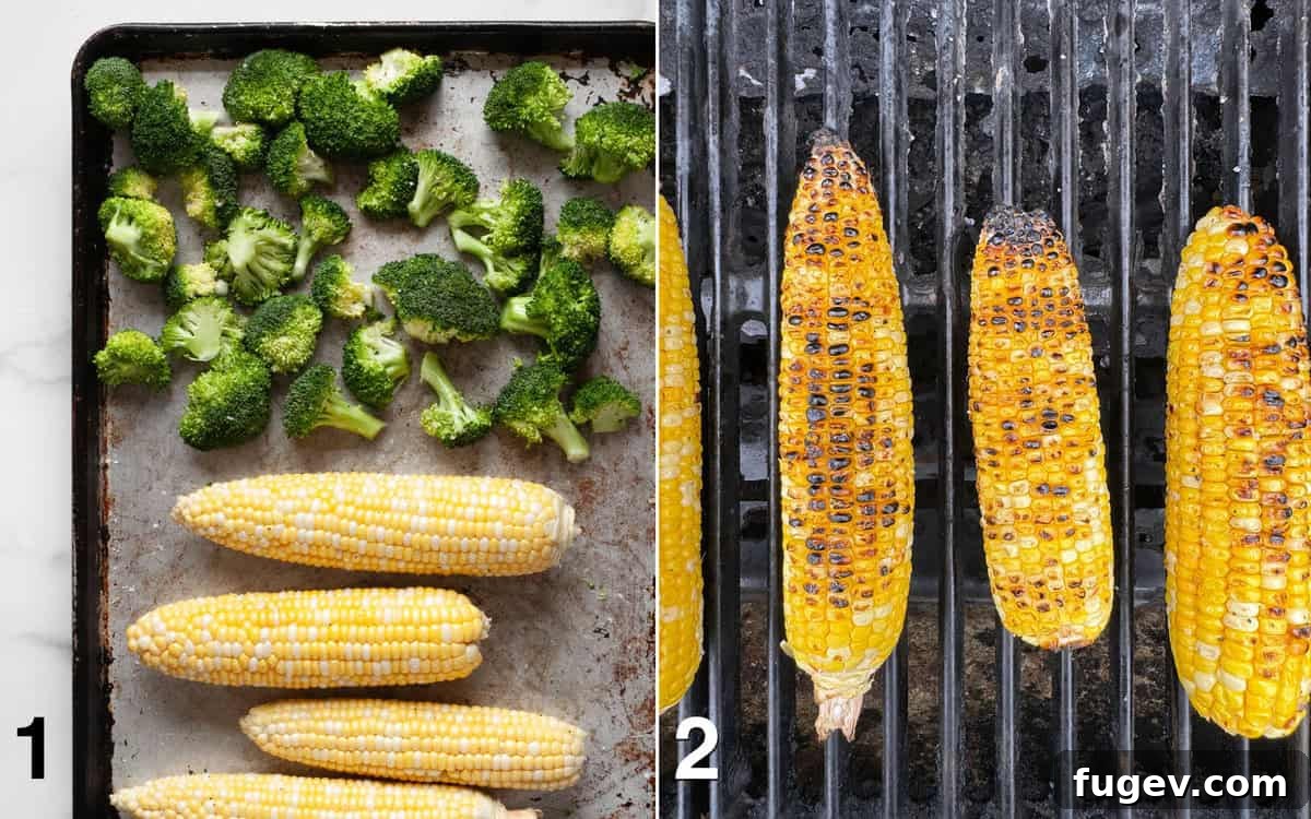Charred Corn & Broccoli Medley 4 Corn and broccoli tossed with olive oil, ready for grilling, with corn already on the grill in the background.