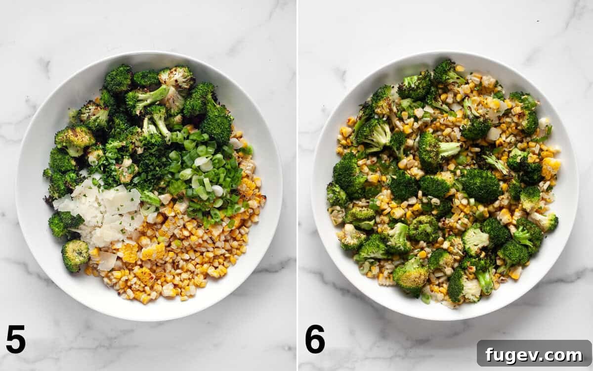 Charred Corn & Broccoli Medley 6 A large bowl filled with assembled grilled corn broccoli salad ingredients, before and after being tossed with the dressing.
