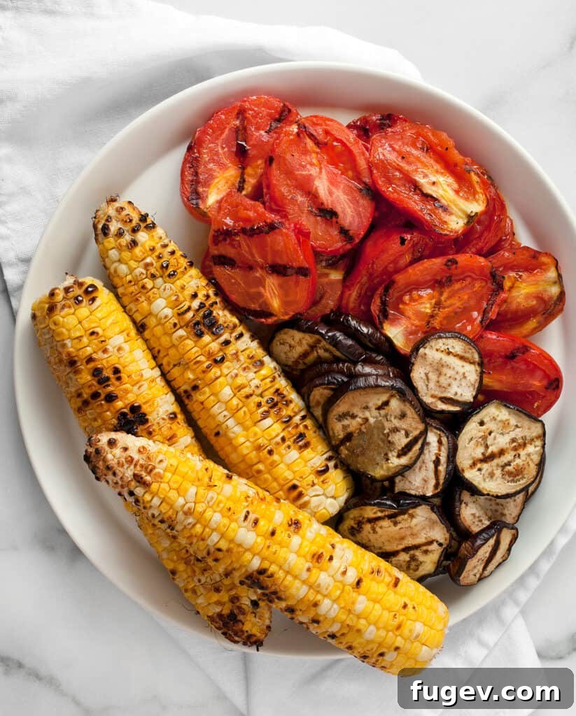 Smoky Grilled Eggplant Corn Tomato Medley 6 Grilled ears of corn with tomatoes and eggplant
