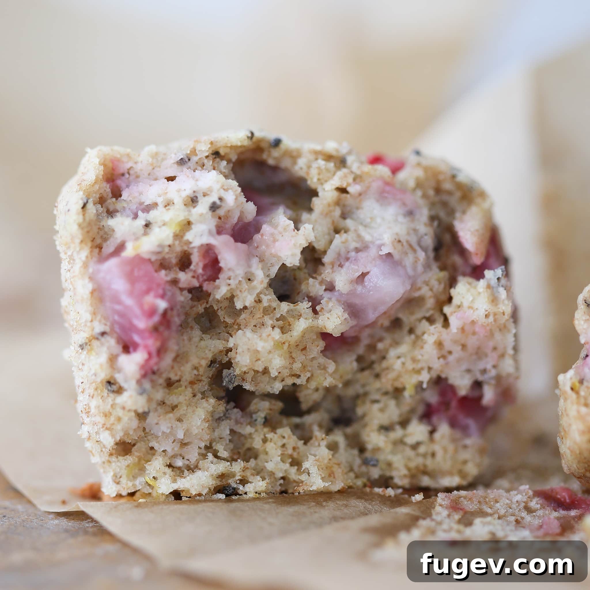 Homemade Strawberry Muffins 3 A tender Whole Wheat Strawberry Muffin, unwrapped and placed on a rustic wood board, highlighting its wholesome texture.